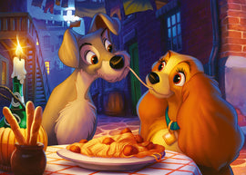 A vibrant jigsaw puzzle featuring Lady and the Tramp sharing a plate of spaghetti. Set in a romantic alleyway with a candle, green bottle, and autumn decorations. The illustration captures the warmth and charm of this iconic scene.