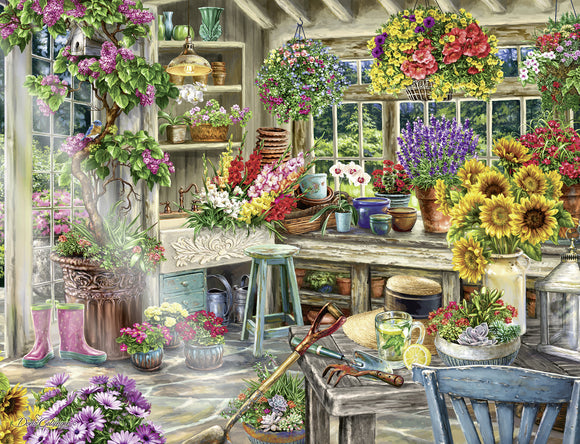 A vibrant scene of a gardener's workspace filled with colorful flowers, pots, and gardening tools. The cozy interior features a sunny window, hanging plants, and a rustic table with drinks and potted plants, creating a serene and inviting atmosphere for gardening enthusiasts.