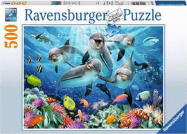 A vibrant jigsaw puzzle design featuring playful dolphins swimming in a colorful coral reef filled with various fish and marine life. The puzzle has 500 pieces and is created by Ravensburger, ensuring high-quality and engaging artwork.