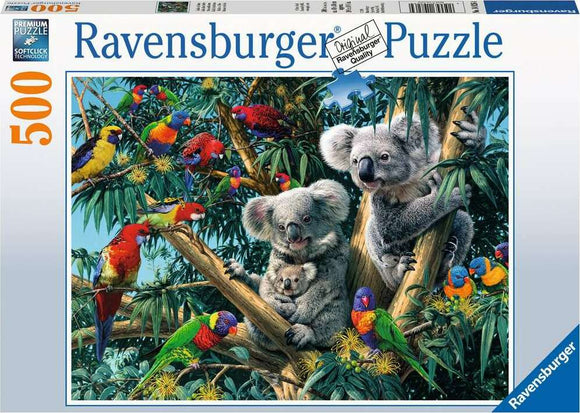 A vibrant 500-piece jigsaw puzzle featuring three koalas clinging to a tree, surrounded by colorful birds and lush greenery. The design showcases intricate details and bright colors, making it ideal for puzzle enthusiasts and nature lovers.