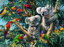 A captivating scene featuring koalas and vibrant parrots in a lush tree, illustrating the intricate details and bright colors of nature. This 500-piece jigsaw puzzle by Ravensburger invites enthusiasts to assemble a delightful wildlife tableau, combining fun and artistry for hours of engaging entertainment.