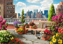 A vibrant rooftop garden scene featuring a wooden bench surrounded by colorful flower pots. The garden includes blooming flowers in various shades, including red, yellow, and purple, and is set against a backdrop of tall city buildings and a blue sky with fluffy clouds. Butterflies and birds are present, adding to the lively atmosphere.