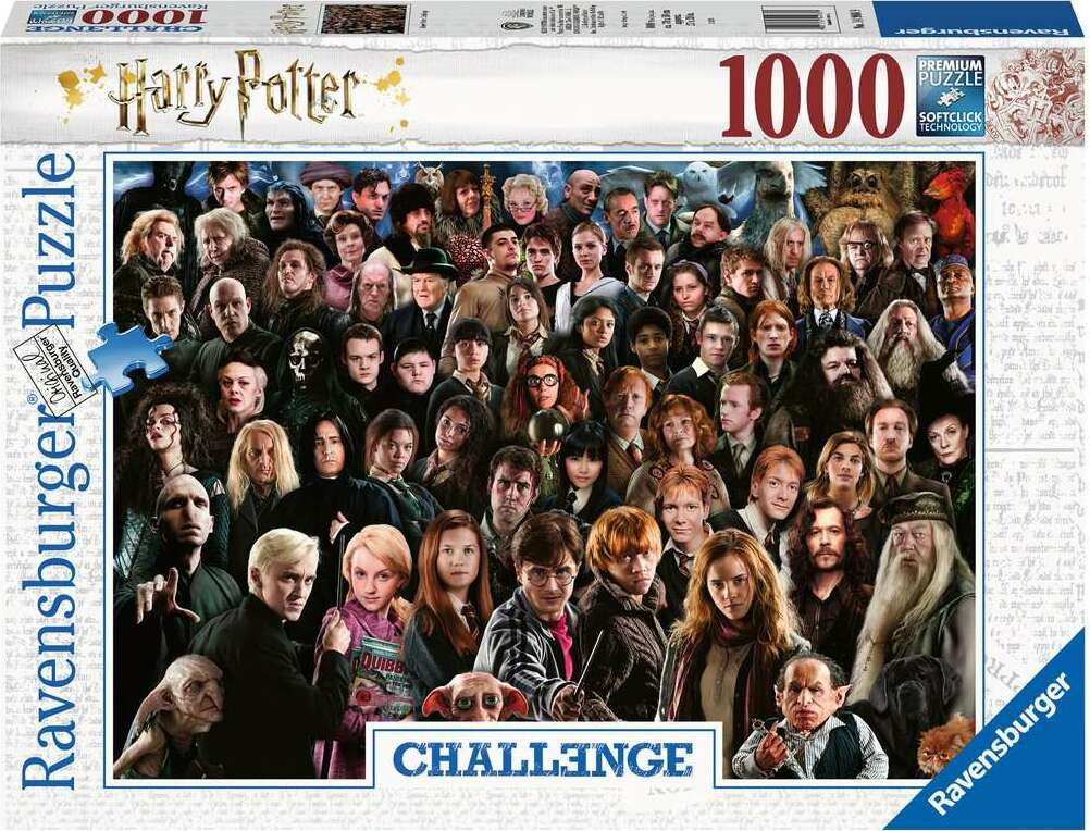 Ravensburger Challenge Puzzle featuring a 1000-piece jigsaw of numerous characters from the Harry Potter series including Harry, Hermione, Ron, Voldemort, and others. The image showcases vibrant colors and detailed artwork, perfect for fans of the franchise.