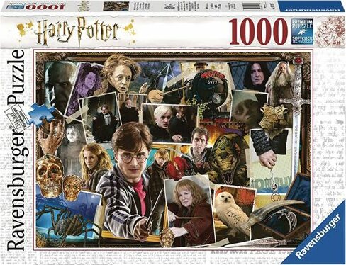 Ravensburger Harry Potter vs Voldemort 1000-piece jigsaw puzzle featuring iconic characters and scenes from the Harry Potter series. The image showcases Harry Potter, Voldemort, and other significant characters along with magical artifacts and symbols from the wizarding world. The puzzle box displays elegant graphics with the puzzle piece count and brand logo.