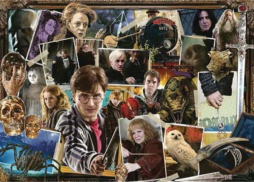 A Ravensburger jigsaw puzzle featuring a dynamic collage of iconic characters and scenes from the Harry Potter series, showcasing Harry Potter and Voldemort in a dramatic confrontation, surrounded by other characters and magical elements.