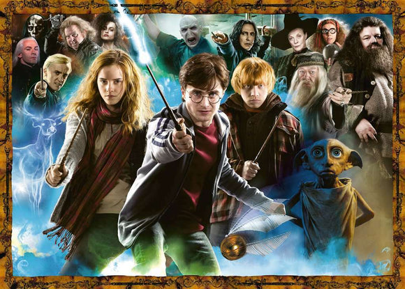 Harry Potter 1000-piece jigsaw puzzle by Ravensburger featuring iconic characters like Harry, Hermione, Ron, and Dobby, with vibrant illustrations and magical elements. Perfect for fans of the series and puzzle enthusiasts.