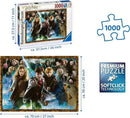 A 1000-piece jigsaw puzzle featuring characters from the Harry Potter series. The completed puzzle showcases Harry Potter, Hermione Granger, Ron Weasley, and various iconic figures from the series set against a colorful magical background. The puzzle is made by Ravensburger, known for its premium quality and Softclick technology, ensuring a firm fit between pieces.