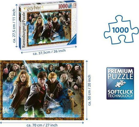A 1000-piece jigsaw puzzle featuring characters from the Harry Potter series. The completed puzzle showcases Harry Potter, Hermione Granger, Ron Weasley, and various iconic figures from the series set against a colorful magical background. The puzzle is made by Ravensburger, known for its premium quality and Softclick technology, ensuring a firm fit between pieces.