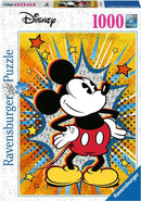 Ravensburger Retro Mickey 1000 pc jigsaw puzzle featuring a vibrant design of Mickey Mouse against a colorful starburst background, showcasing his iconic pose and cheerful expression.