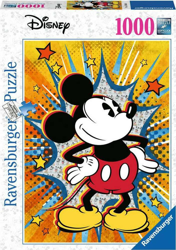 Ravensburger Retro Mickey 1000 pc jigsaw puzzle featuring a vibrant design of Mickey Mouse against a colorful starburst background, showcasing his iconic pose and cheerful expression.