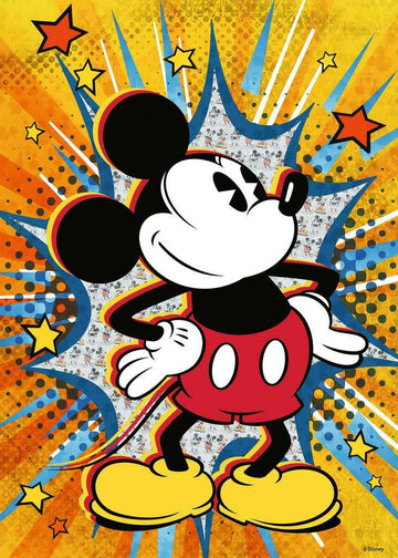 A vibrant retro jigsaw puzzle featuring Mickey Mouse, illustrated with bold colors and a fun comic-style background complete with stars and rays. This 1000-piece puzzle captures Mickey's classic charm and playful spirit, making it perfect for puzzle enthusiasts and Disney fans alike.