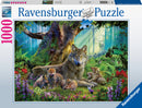 A 1000-piece jigsaw puzzle featuring a peaceful forest scene with a wolf and its cubs. The vibrant artwork showcases lush greenery, colorful flowers, and a deer in the background, highlighting the beauty of nature with intricate details.