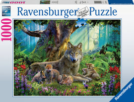 A 1000-piece jigsaw puzzle featuring a peaceful forest scene with a wolf and its cubs. The vibrant artwork showcases lush greenery, colorful flowers, and a deer in the background, highlighting the beauty of nature with intricate details.