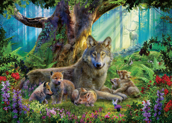 A beautifully illustrated 1000-piece jigsaw puzzle featuring a scene in a lush forest with wolves. The centerpiece is a majestic adult wolf surrounded by playful pups amidst vibrant flora and a distant deer visible in the background.
