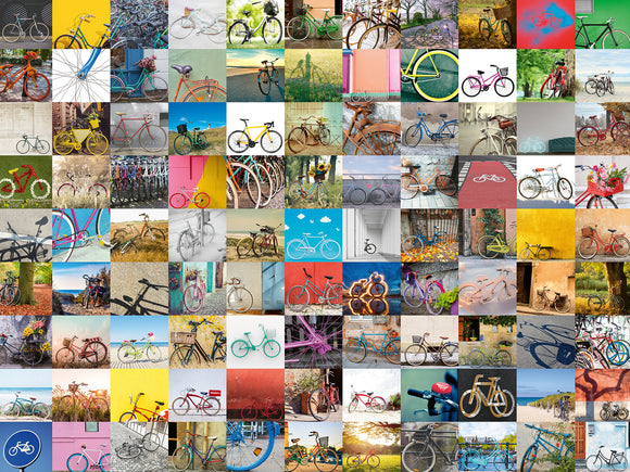 A vibrant 1500 piece jigsaw puzzle featuring a collage of 99 bicycles in various colors, styles, and settings, highlighting their beauty and diversity. The puzzle offers an engaging and intricate design for enthusiasts and casual puzzlers alike, capturing the essence of cycling culture.