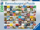 A colorful and detailed 1500-piece jigsaw puzzle by Ravensburger, featuring a collage of various bicycles in different settings and styles. The design showcases a vibrant assortment of bicycle images, arranged in a grid pattern, perfect for puzzle enthusiasts of all ages.