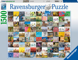 A colorful and detailed 1500-piece jigsaw puzzle by Ravensburger, featuring a collage of various bicycles in different settings and styles. The design showcases a vibrant assortment of bicycle images, arranged in a grid pattern, perfect for puzzle enthusiasts of all ages.