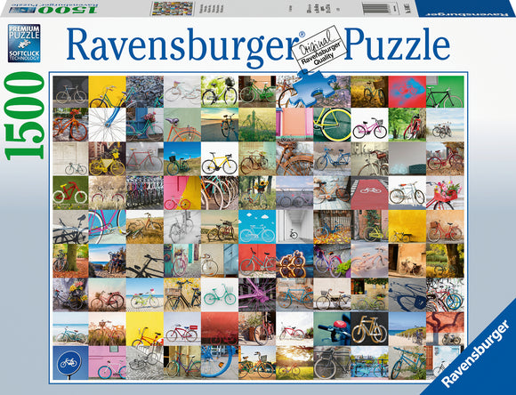 A colorful and detailed 1500-piece jigsaw puzzle by Ravensburger, featuring a collage of various bicycles in different settings and styles. The design showcases a vibrant assortment of bicycle images, arranged in a grid pattern, perfect for puzzle enthusiasts of all ages.