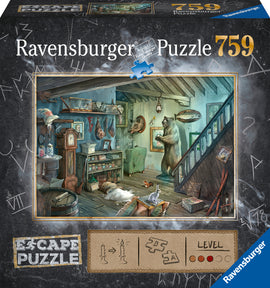 The box for Ravensburger's Forbidden Basement Escape 759 jigsaw puzzle features a detailed illustration of a cozy yet mysterious basement scene. Inside the room, various objects are scattered, including a grandfather clock, jars of materials, and a bear standing by a wall. An adorable rabbit sits on the floor, enhancing the whimsical atmosphere. The box design has educational symbols and a dark background, indicating the puzzle's escape theme. Perfect for puzzle enthusiasts looking to challenge themselves.
