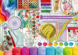 An artistic flat lay of various needlework supplies, including colorful spools of thread, a variety of yarn, sewing patterns, pins, buttons, measuring tape, knitting needles, and decorations. The arrangement showcases a vibrant and creative craft space, inspiring creativity and DIY projects.