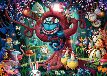 A vibrant and whimsical 1000-piece jigsaw puzzle titled 'Most Everyone is Mad' by Ravensburger. The illustration depicts a fantastical scene with a mischievous Cheshire cat in a colorful tree, surrounded by various characters including Alice, the Mad Hatter, and the Queen of Hearts amidst a magical garden filled with oversized mushrooms and flowers. The overall design is rich with detail, making it an engaging puzzle for enthusiasts.