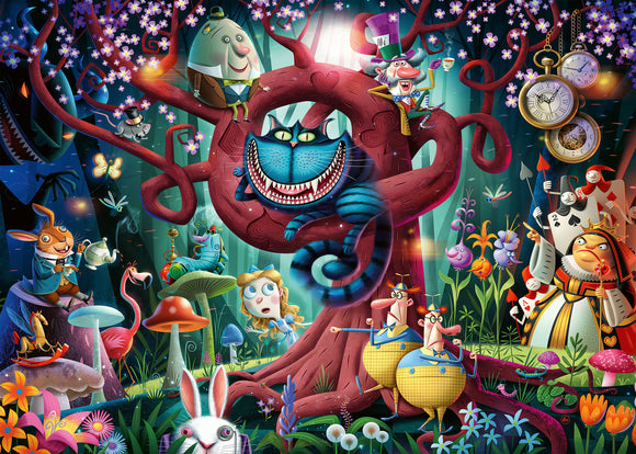 A vibrant and whimsical 1000-piece jigsaw puzzle titled 'Most Everyone is Mad' by Ravensburger. The illustration depicts a fantastical scene with a mischievous Cheshire cat in a colorful tree, surrounded by various characters including Alice, the Mad Hatter, and the Queen of Hearts amidst a magical garden filled with oversized mushrooms and flowers. The overall design is rich with detail, making it an engaging puzzle for enthusiasts.