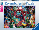 A colorful 1000-piece jigsaw puzzle by Ravensburger titled 'Most Everyone is Mad'. The image features whimsical characters and fantastical elements set in a lush, vibrant forest, portraying a playful and surreal scene inspired by classic literature.