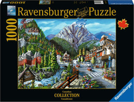 A Ravensburger 1000 piece jigsaw puzzle titled 'Welcome to Banff'. The colorful illustration features the scenic town of Banff surrounded by majestic mountains, vibrant trees, and a charming stream. The foreground shows a picturesque street with quaint buildings and blooming flowers, capturing the beauty of this Canadian destination.