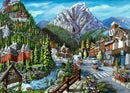 A picturesque jigsaw puzzle featuring a vibrant landscape of Banff, showcasing charming buildings, lush greenery, a flowing river, and majestic mountains in the background. The scene includes a welcome sign to Banff, colorful flower arrangements, and elements that evoke the natural beauty and charm of the Canadian Rockies.