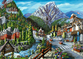 A picturesque jigsaw puzzle featuring a vibrant landscape of Banff, showcasing charming buildings, lush greenery, a flowing river, and majestic mountains in the background. The scene includes a welcome sign to Banff, colorful flower arrangements, and elements that evoke the natural beauty and charm of the Canadian Rockies.