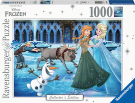 A Ravensburger 1000-piece jigsaw puzzle featuring characters from Disney's Frozen, including Elsa, Anna, Olaf, and Kristoff, set against a beautiful snowy backdrop with ice structures and sparkling effects.