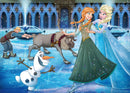 A colorful 1000-piece jigsaw puzzle featuring characters from Disney's Frozen. The scene depicts Anna and Elsa joyfully dancing on ice, with Olaf the snowman happily posing in the foreground. Kristoff and his reindeer, Sven, are also seen in the background, all set against a magical snowy landscape.