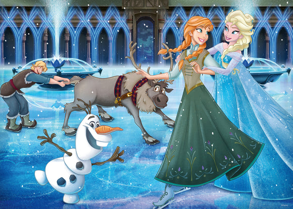 A colorful 1000-piece jigsaw puzzle featuring characters from Disney's Frozen. The scene depicts Anna and Elsa joyfully dancing on ice, with Olaf the snowman happily posing in the foreground. Kristoff and his reindeer, Sven, are also seen in the background, all set against a magical snowy landscape.