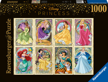 Ravensburger 1000-piece jigsaw puzzle featuring Disney Princesses, including characters like Ariel, Cinderella, Tiana, and Belle, intricately illustrated in an Art Nouveau style. The box showcases colorful artwork of each princess in elegant poses, surrounded by decorative borders, making it a delightful addition for puzzle enthusiasts and Disney fans alike.