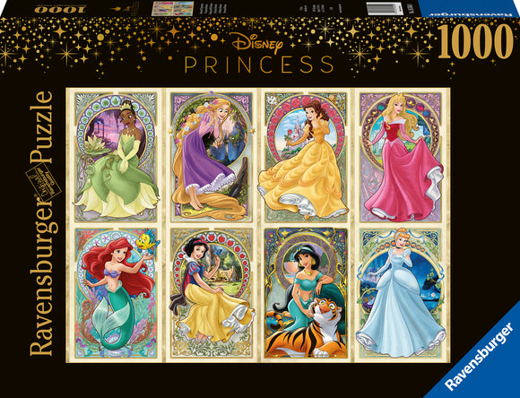 Ravensburger 1000-piece jigsaw puzzle featuring Disney Princesses, including characters like Ariel, Cinderella, Tiana, and Belle, intricately illustrated in an Art Nouveau style. The box showcases colorful artwork of each princess in elegant poses, surrounded by decorative borders, making it a delightful addition for puzzle enthusiasts and Disney fans alike.