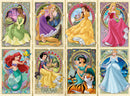 A colorful jigsaw puzzle featuring enchanting Art Nouveau depictions of popular princesses including Tiana, Rapunzel, Belle, Ariel, Snow White, Jasmine, Aurora, and Cinderella. Each princess is illustrated in a decorative frame, showcasing their signature styles and vibrant colors, perfect for puzzle enthusiasts.