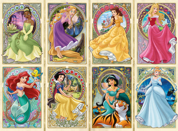 A colorful jigsaw puzzle featuring enchanting Art Nouveau depictions of popular princesses including Tiana, Rapunzel, Belle, Ariel, Snow White, Jasmine, Aurora, and Cinderella. Each princess is illustrated in a decorative frame, showcasing their signature styles and vibrant colors, perfect for puzzle enthusiasts.