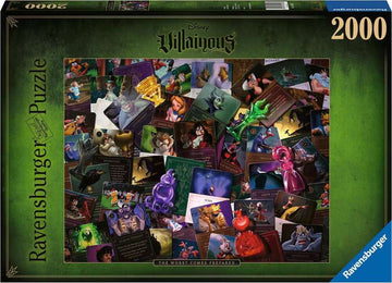 Ravensburger All Villains 2000-piece jigsaw puzzle featuring iconic Disney villains in colorful artwork, showcasing various characters and scenes from Disney movies. The box features the title and brand logo prominently against a green background.