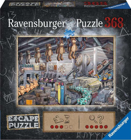 The Toy Factory Escape 368 piece jigsaw puzzle by Ravensburger. The image depicts a whimsical toy factory filled with teddy bears, colorful machinery, and various factory tools, inviting puzzlers to unravel the scene.