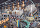 A vibrant jigsaw puzzle image featuring a whimsical toy factory. The scene includes rows of teddy bears, colorful stuffed animals, and various toy-making machines, all set in a busy workshop environment filled with playful decorations and intricate details. Perfect for puzzle enthusiasts and families alike, this intriguing image sparks the imagination.