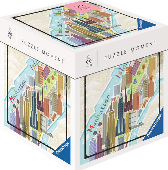 Puzzle Moment: NYC 99 pc Jigsaw Puzzle by Ravensburger. The puzzle box features a colorful illustration of Manhattan, highlighting iconic skyscrapers, streets, and green spaces. A perfect activity for puzzle lovers and city enthusiasts.