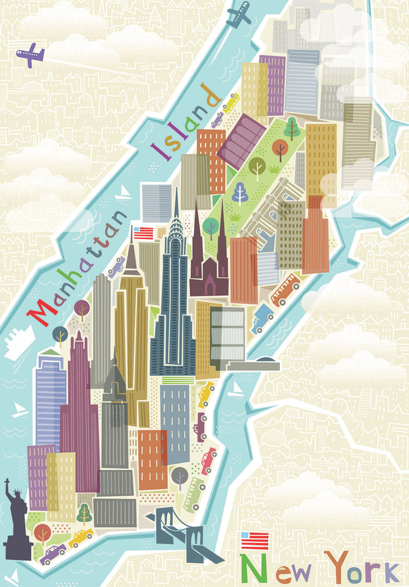 Ravensburger Puzzle Moment: NYC 99-piece jigsaw puzzle featuring a colorful illustrated map of Manhattan Island, showcasing iconic landmarks, buildings, and vibrant greenery, perfect for puzzle enthusiasts and New York lovers.
