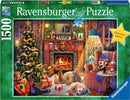 A colorful jigsaw puzzle featuring a cozy Christmas scene. It depicts a decorated Christmas tree, presents, a fireplace with stockings, and pets lounging around in a warmly lit living room. The image captures the festive spirit with ornaments, a plaid chair, and holiday decorations, perfect for family gatherings.