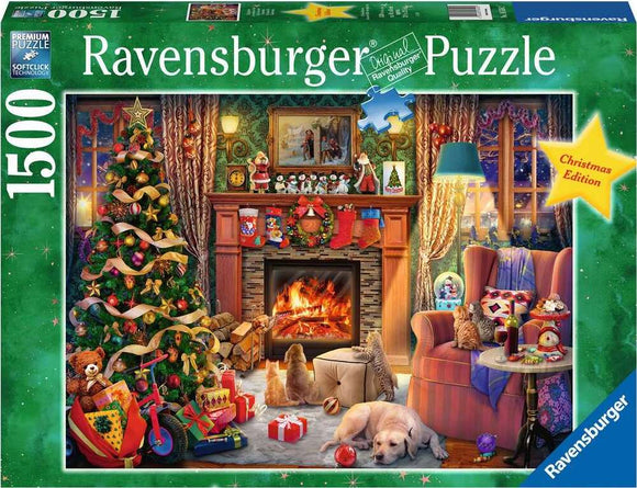 A colorful jigsaw puzzle featuring a cozy Christmas scene. It depicts a decorated Christmas tree, presents, a fireplace with stockings, and pets lounging around in a warmly lit living room. The image captures the festive spirit with ornaments, a plaid chair, and holiday decorations, perfect for family gatherings.