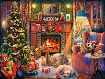 A cozy Christmas Eve scene featuring a beautifully decorated Christmas tree with colorful ornaments and ribbons. In front of a glowing fireplace, there's a collection of presents, including toys and festive decorations. A labrador dog rests on a plush rug, while two playful kittens explore nearby. The room is adorned with stockings, holiday candles, and a warm, inviting ambiance that captures the spirit of the season.