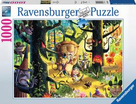 Lions, Tigers & Bears, Oh My! jigsaw puzzle by Ravensburger featuring a colorful illustration with whimsical characters like a lion, monkey, and a girl in a blue dress set in a fantastical landscape leading to the Emerald City.