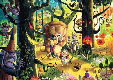 A colorful jigsaw puzzle featuring whimsical characters from the story, including a lion, a tin man, a girl with a basket, and various animals and trees. The scene depicts a vibrant path leading to Emerald City, surrounded by a magical forest filled with fantasy elements.