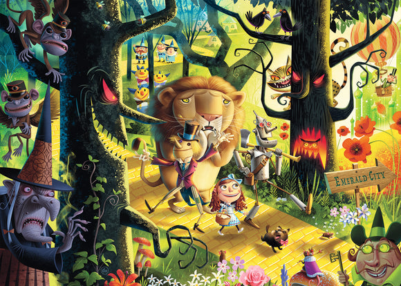 A colorful jigsaw puzzle featuring whimsical characters from the story, including a lion, a tin man, a girl with a basket, and various animals and trees. The scene depicts a vibrant path leading to Emerald City, surrounded by a magical forest filled with fantasy elements.