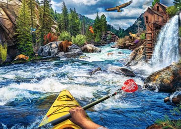 A vibrant 1000-piece jigsaw puzzle featuring a thrilling whitewater kayaking scene. The puzzle shows a kayaker navigating through wild rapids, surrounded by lush greenery, rocky cliffs, and diverse wildlife including bears, foxes, and birds. A rustic cabin and waterfall enhance the picturesque landscape, making this a perfect puzzle for nature and adventure enthusiasts.