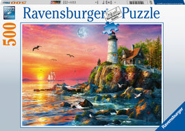 A captivating 500-piece Ravensburger jigsaw puzzle featuring a vivid sunset scene. The image showcases a lighthouse by the sea, with rocky shores, a small house, and a majestic sailing ship, all illuminated by the warm colors of the sunset. Birds are seen flying in the sky, creating a serene coastal atmosphere.